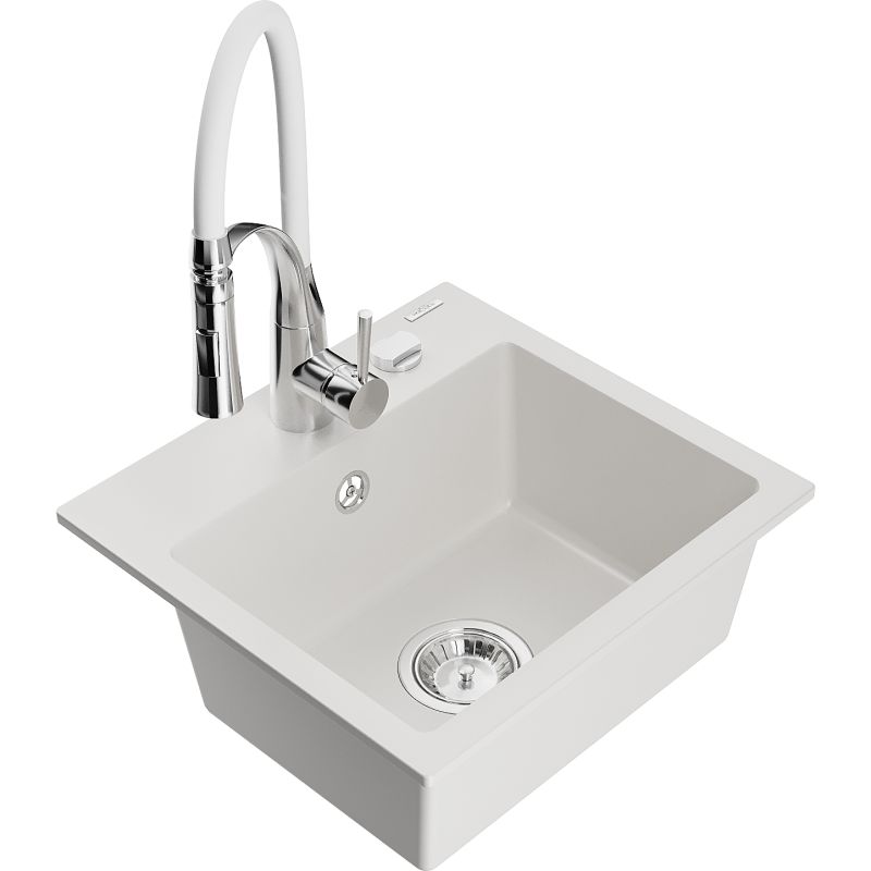 Zlewozmywak granitowy 1-komorowy Mexen Milo z baterią kuchenną Aster biały 6505-20-73450-02