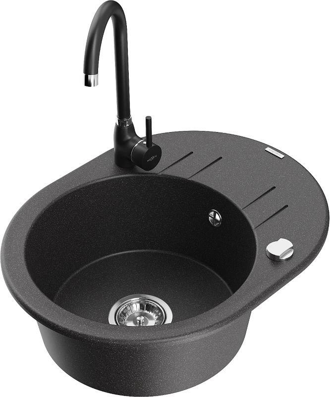 Zlewozmywak granitowy Mexen Kevin 1-komorowy z ociekaczem i baterią kuchenną Telma czarny 6517-76-670200-70