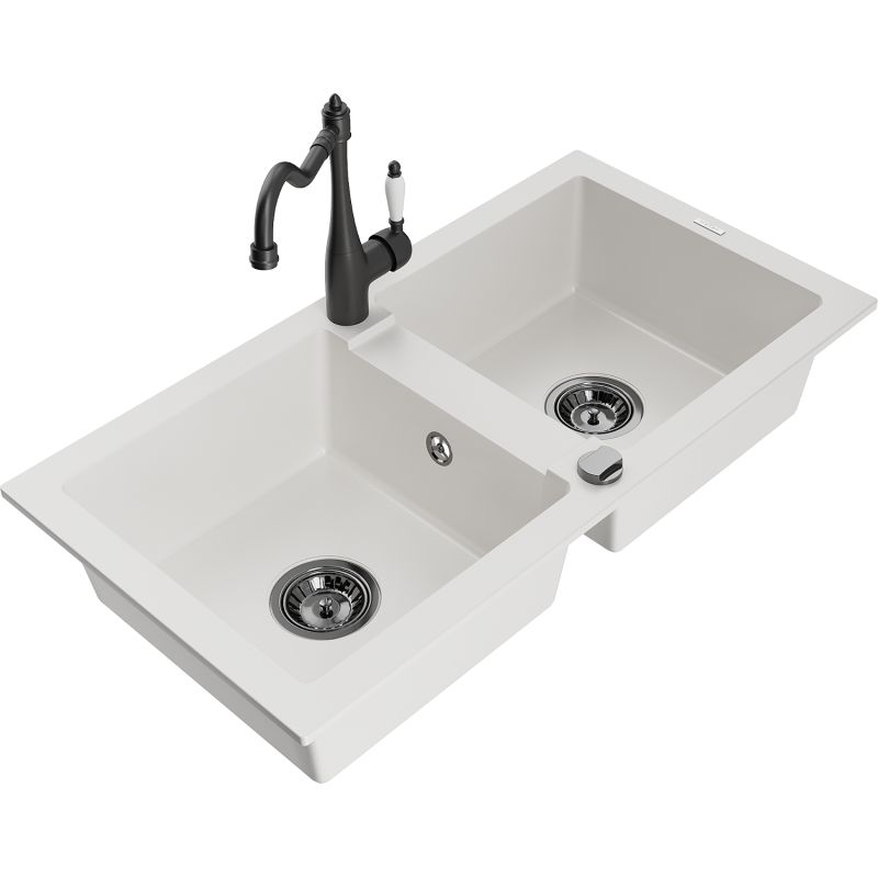 Zlewozmywak granitowy 2-komorowy Mexen Mario z baterią kuchenną Carla czarny - 6504-77-670700-00 1 szt.