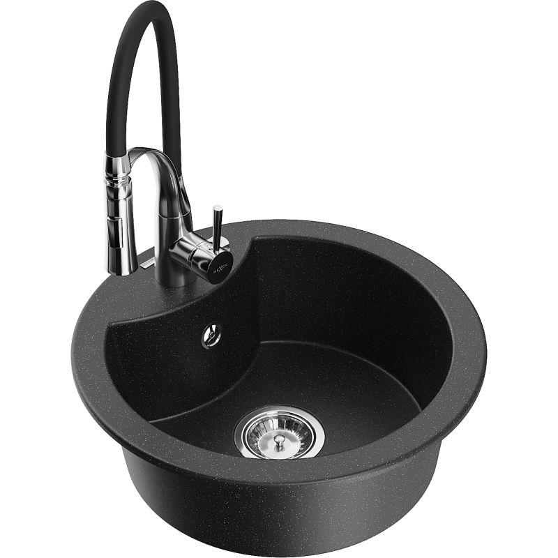 Zlewozmywak granitowy 1-komorowy Mexen Diego z baterią kuchenną Aster czarny/srebrny metalik 6512-73-73450-07