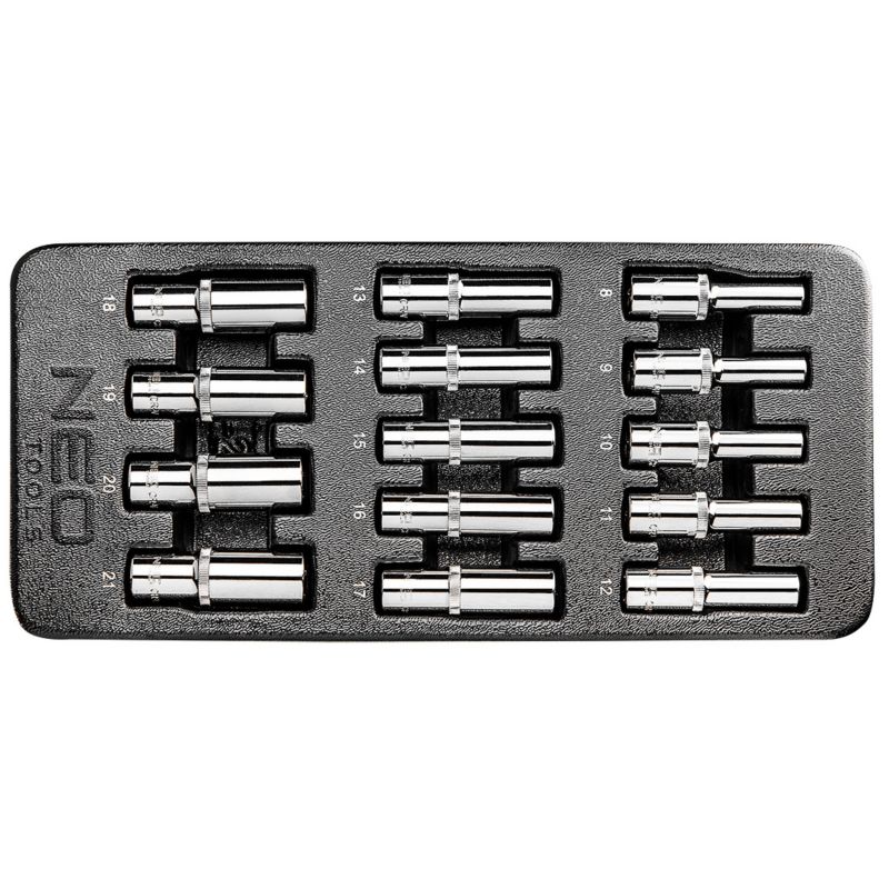 Nasadki sześciokątne NEO TOOLS długie 1/2", 8-21 mm, zestaw 14 szt., wkładka 1 kpl