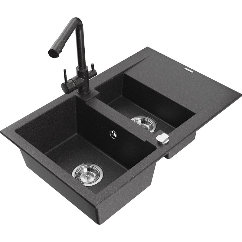 Zlewozmywak granitowy 1.5-komorowy Mexen Gaspar z ociekaczem i baterią Duero czarny nakrapiany - 6507-76-671600-00 1 szt.