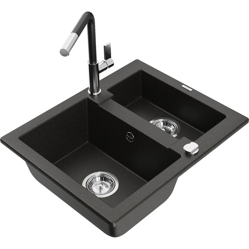 Zlewozmywak granitowy 1.5-komorowy Mexen Carlos z baterią kuchenną Flora czarny/złoty metalik 6518-75-670401-07