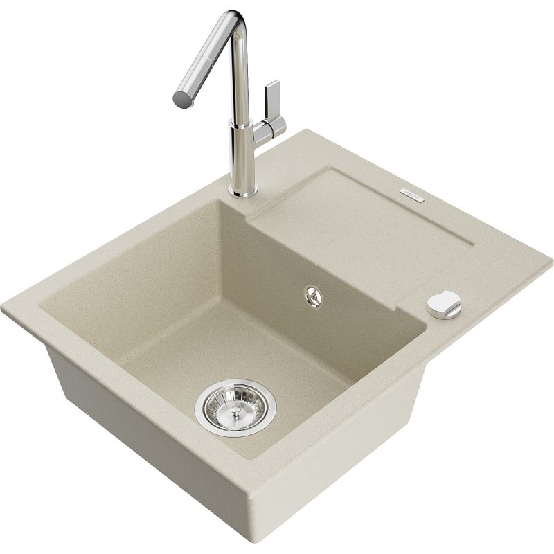 Zlewozmywak granitowy 1-komorowy Mexen Enzo z ociekaczem i baterią kuchenną Flora beżowy - 6506-69-670401-57-B 1 szt.