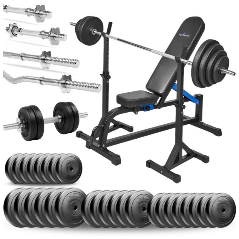 Zestaw do ćwiczeń siłowych Pretorians 174 kg z ławką treningową, stojakami, gryfami, obciążeniem 120kg zestaw