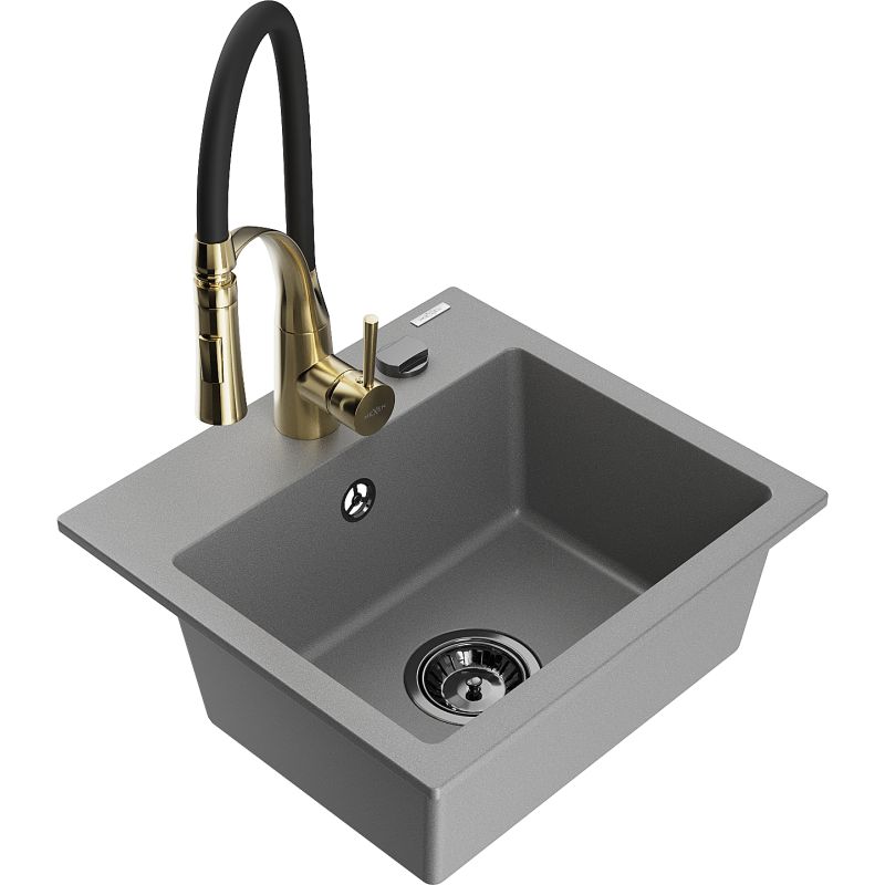 Zlewozmywak granitowy 1-komorowy Mexen Milo z baterią kuchenną Aster szary 6505-71-73450-57-B