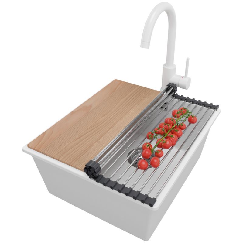 Zlewozmywak Granitowy Londyn Slim PRIMAGRAN Nablatowy 41x47cm do szafki od 45cm z Syfonem i Baterią i Dodatkiem Biały 1 szt.