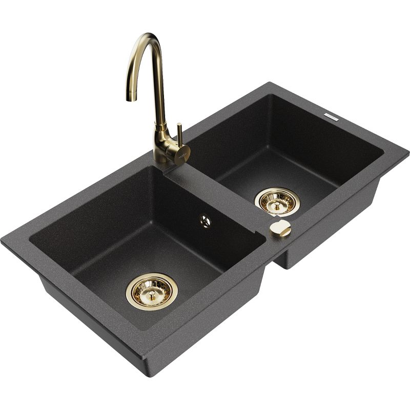 Zlewozmywak granitowy 2-komorowy Mexen Mario z baterią kuchenną Telma czarny nakrapiany 6504-76-670200-50