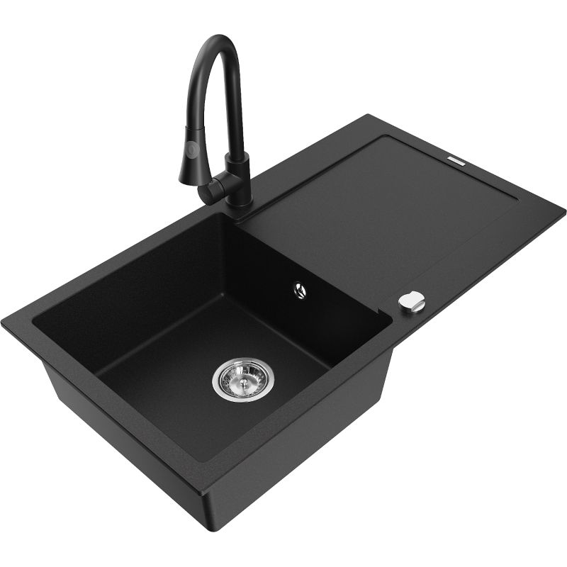 Zlewozmywak granitowy 1-komorowy Mexen Leo z ociekaczem i baterią kuchenną Elia czarny nakrapiany - 6501-76-670101-76 1 szt.