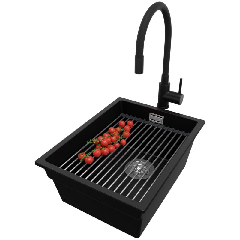 Zlewozmywak Granitowy Praga Slim PRIMAGRAN Nablatowy 36x47cm, Czarny + Bateria + Syfon + Akcesorium, S064, 1 szt.