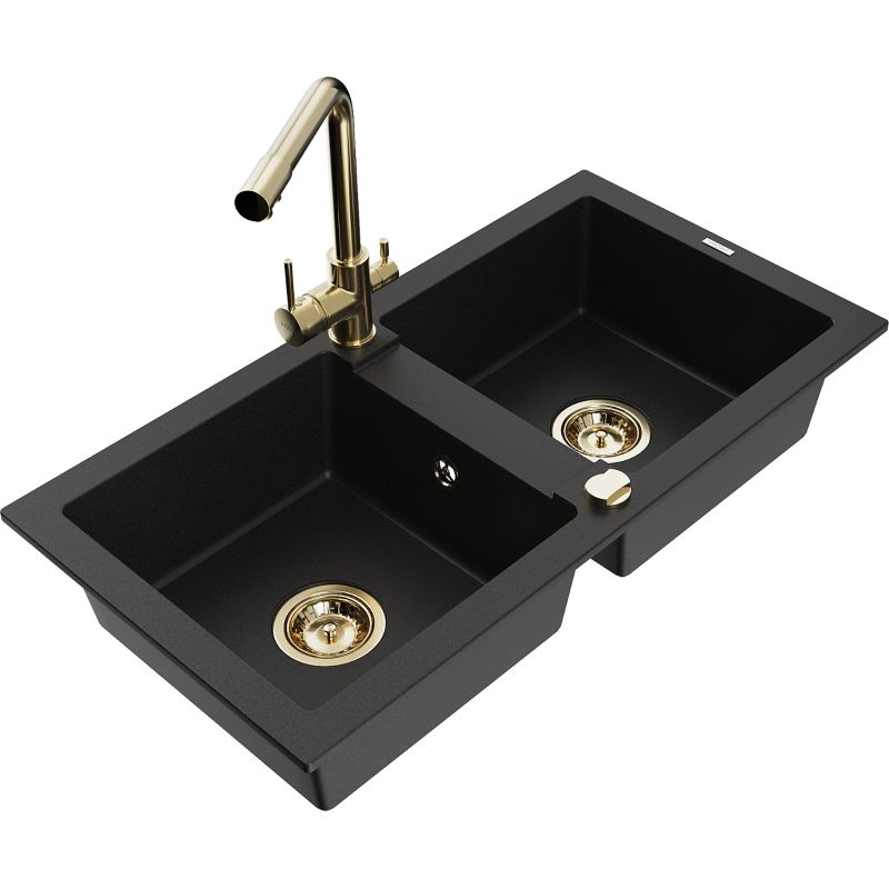 Zlewozmywak granitowy 2-komorowy Mexen Mario z baterią kuchenną Duero czarny - 6504-77-671600-00 1 szt.