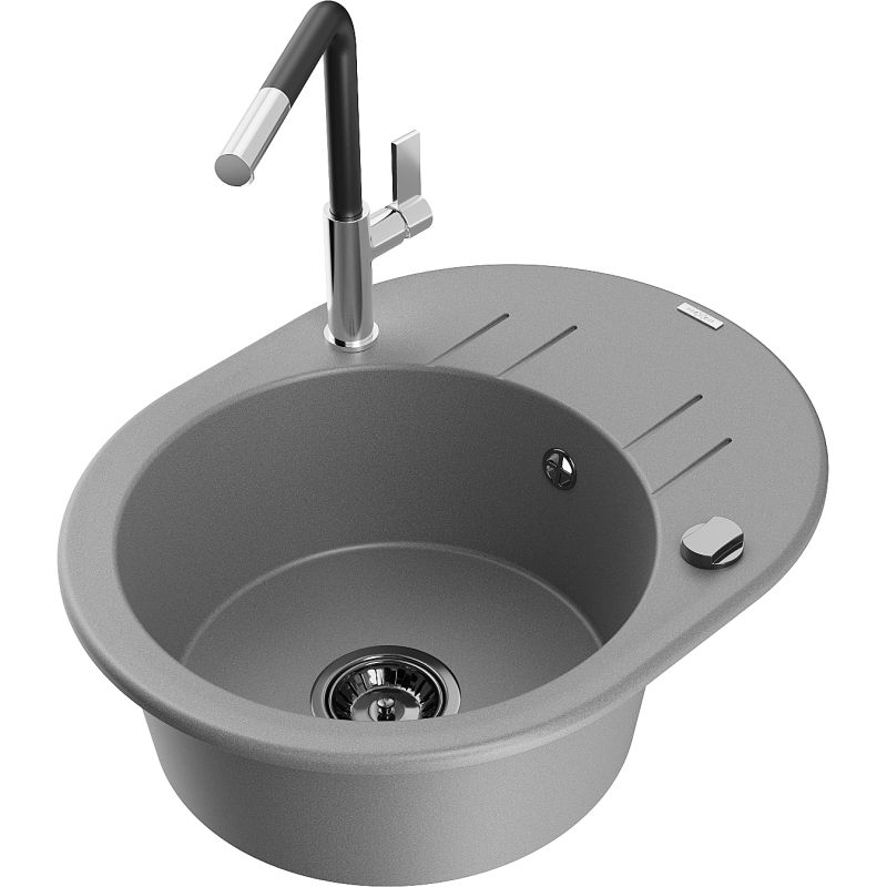 Zlewozmywak granitowy 1-komorowy Mexen Kevin z ociekaczem i baterią kuchenną Flora szary 6517-71-670401-07-B