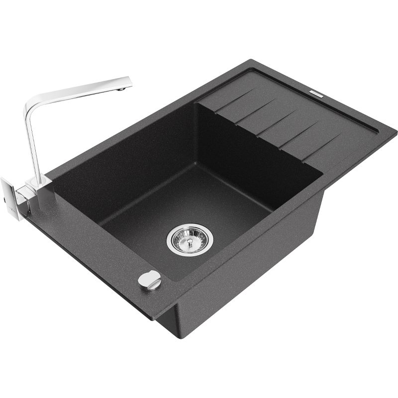 Zlewozmywak granitowy 1-komorowy Mexen Elias z ociekaczem i baterią kuchenną Rita czarny nakrapiany - 6511-76-670300-76 1 szt.