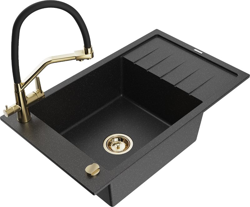 Zlewozmywak granitowy Mexen Elias 1-komorowy z ociekaczem i baterią kuchenną Duo czarny/srebrny 6511-73-671701-57-G