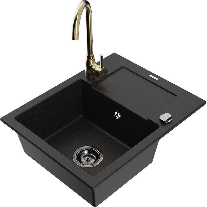 Zlewozmywak granitowy 1-komorowy Mexen Enzo z ociekaczem i baterią kuchenną Telma czarny - 6506-77-670200-70 1 szt.