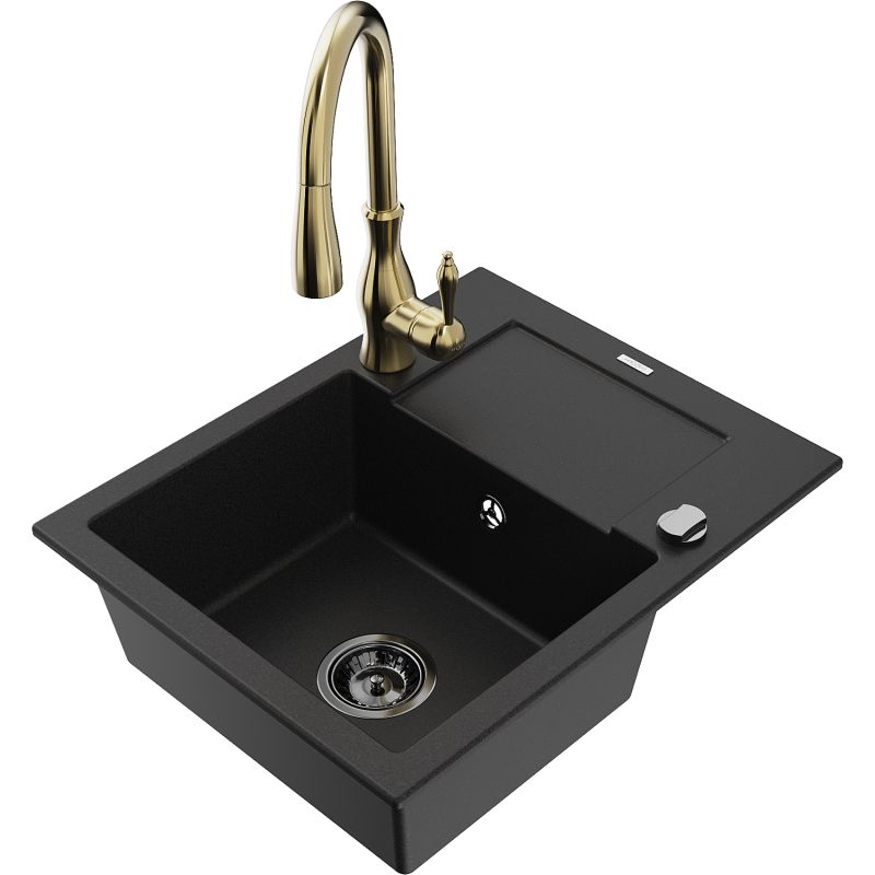 Zlewozmywak granitowy 1-komorowy Mexen Enzo z ociekaczem i baterią kuchenną Savita czarny - 6506-77-672601-70 1 szt.