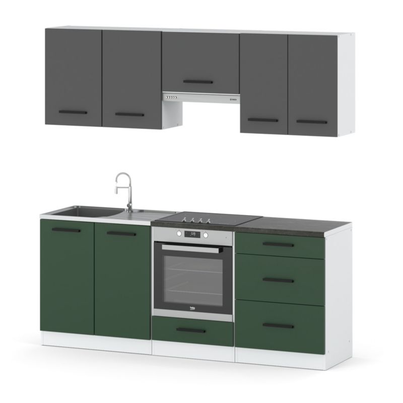 Zestaw Kuchenny Hurtownia-Mebli Z Blatem Kuchnia Mini Mokka Full 200cm Biały Mat Szary Mat/Butelkowa Zieleń 200x47x145 cm 1szt.