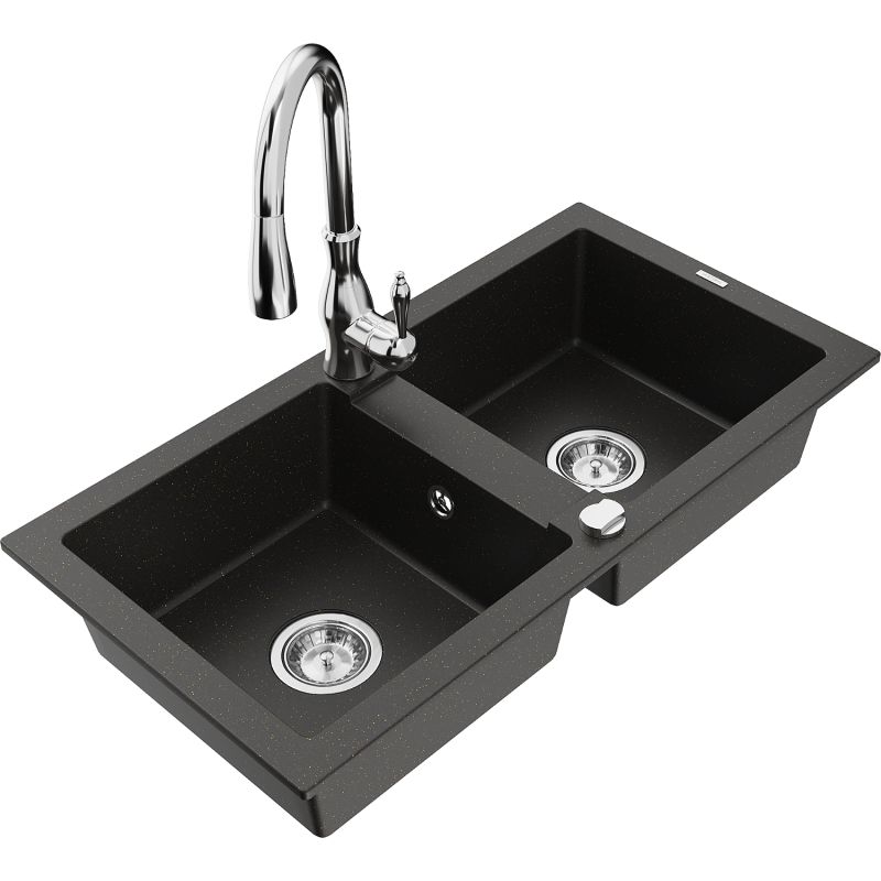 Zlewozmywak granitowy 2-komorowy Mexen Mario z baterią kuchenną Savita czarny/złoty metalik - 6504-75-672601-70-B 1 szt.