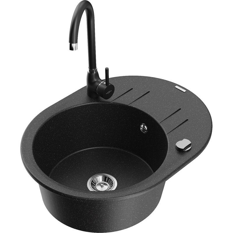 Zlewozmywak granitowy 1-komorowy Mexen Kevin z ociekaczem i baterią Telma czarny/srebrny metalik - 6517-73-670200-70-B 1 szt.