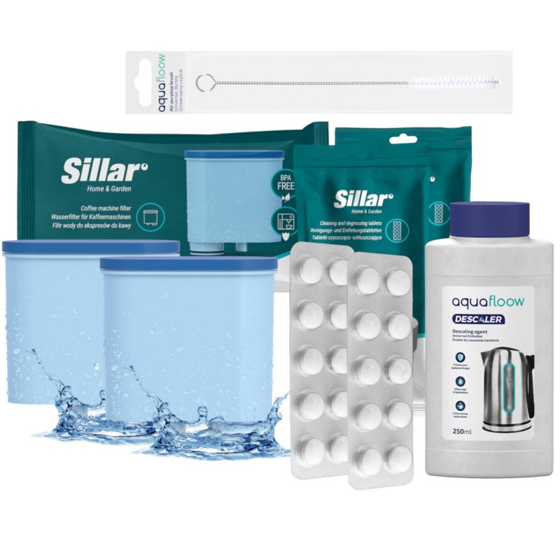 Zestaw konserwujący, Sillar, do ekspresów, filtr wody, odkamieniacz 250 ml, tabletki odtłuszczające, wycior, 6szt
