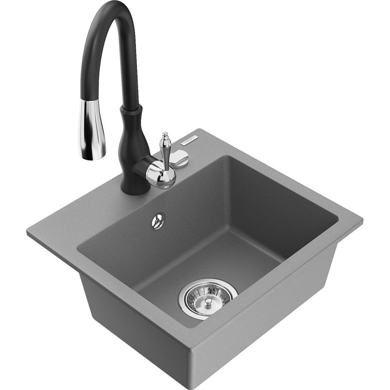 Zlewozmywak granitowy 1-komorowy Mexen Milo z baterią kuchenną Savita szary 6505-71-672601-70