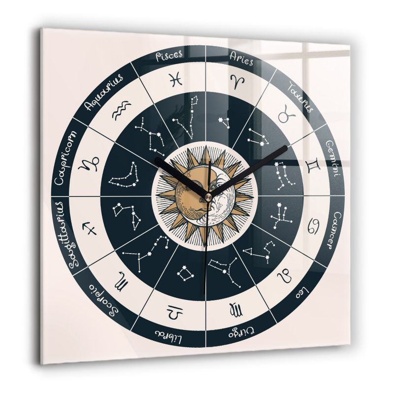 Zegar szklany czarne wskazówki Wallfluent 60x60 cm Gwiazdozbiory zodiaki 1 szt.