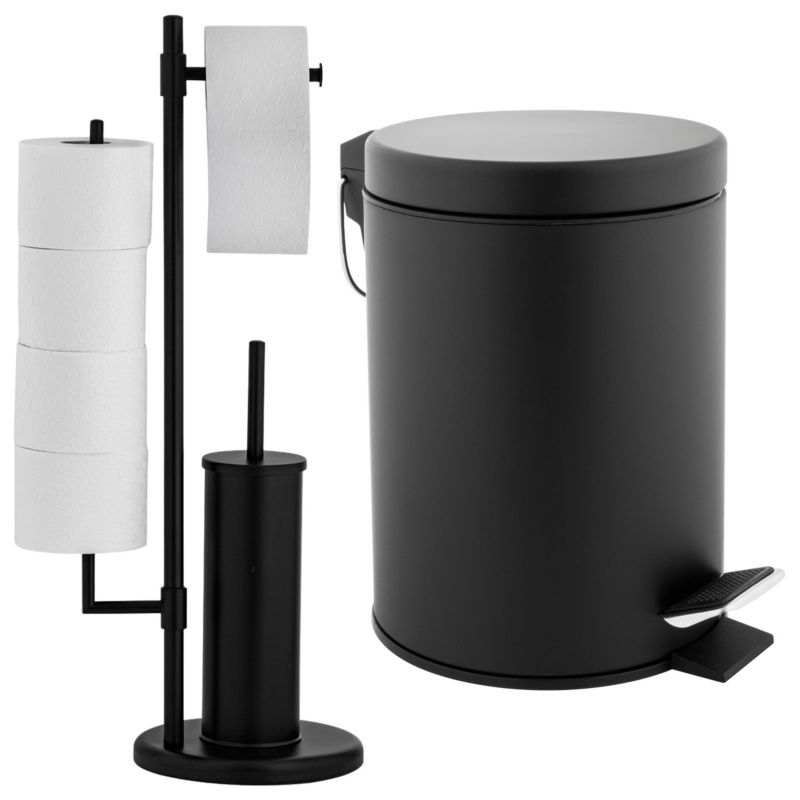 Zestaw łazienkowy LABI SISU -Yoka Home Stojak 3w1 z uchwytem na papier toaletowy i szczotką do WC Kosz na śmieci 3L czarny- 1 szt.
