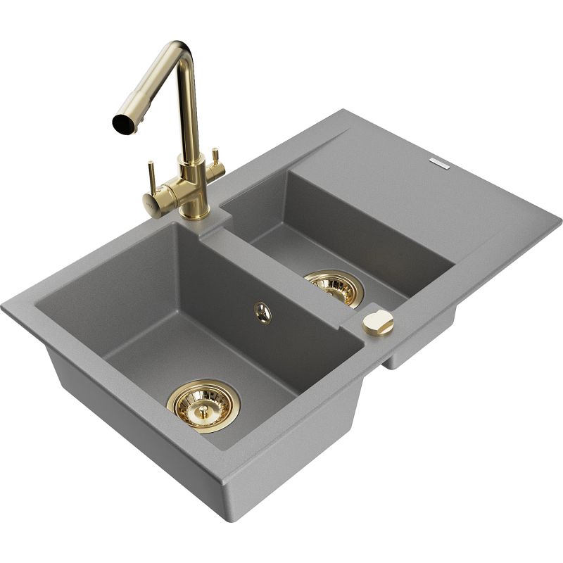 Zlewozmywak granitowy 1.5-komorowy Mexen Gaspar z ociekaczem i baterią kuchenną Duero szary 6507-71-671600-50