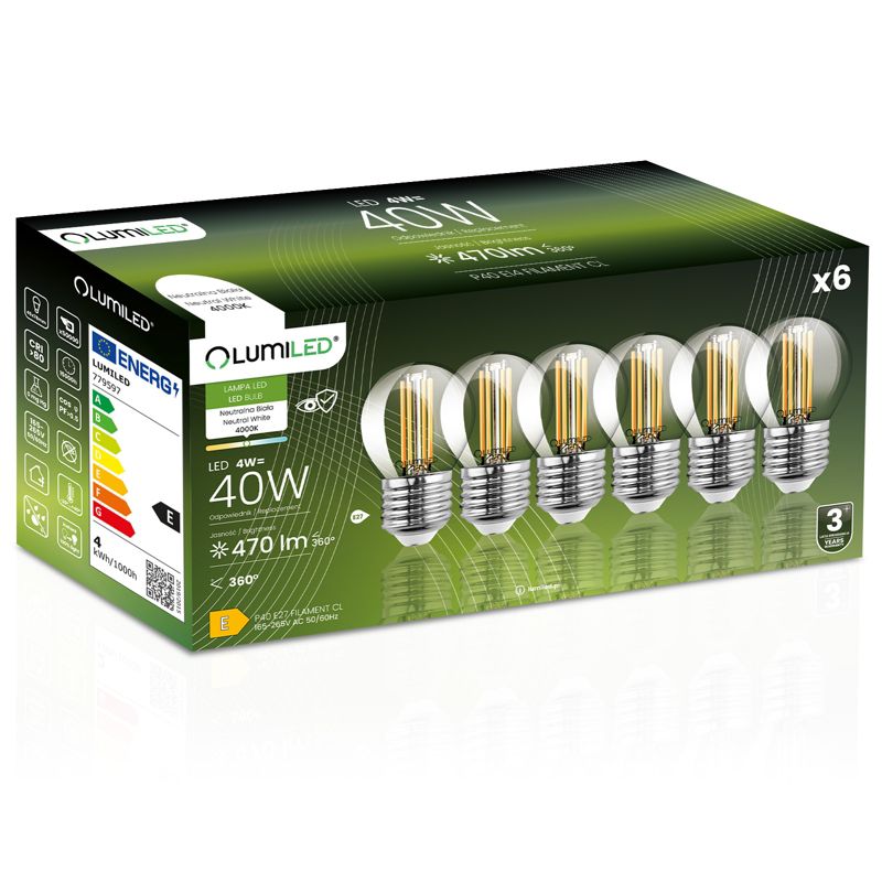 Żarówka LED Lumiled E27 Kulka P45 4W 470lm 4000K 360st Filament 6 szt.