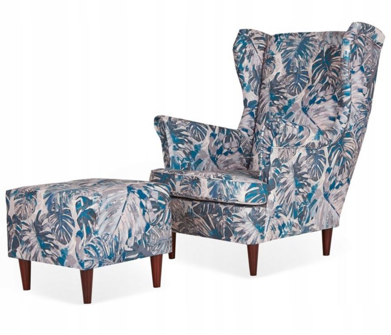 Fotel uszak do salonu z podnóżkiem Family Meble ARI PRINT szara 1szt