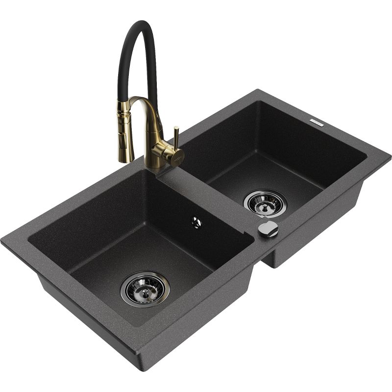 Zlewozmywak granitowy 2-komorowy Mexen Mario z baterią kuchenną Aster czarny nakrapiany 6504-76-73450-57-B