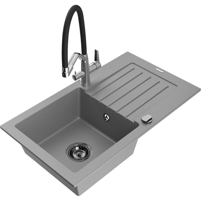 Zlewozmywak granitowy 1-komorowy Mexen Pablo z ociekaczem i baterią kuchenną Duo szary 6510-71-671701-07-B
