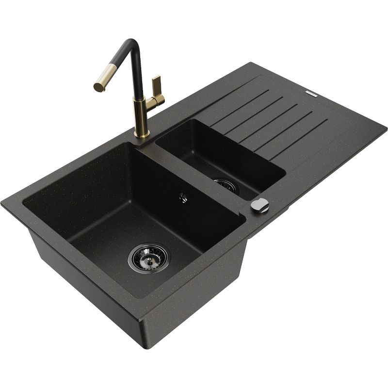 Zlewozmywak granitowy 1.5-komorowy Mexen Matias z ociekaczem i baterią kuchenną Flora czarny/złoty 6502-75-670401-57-B