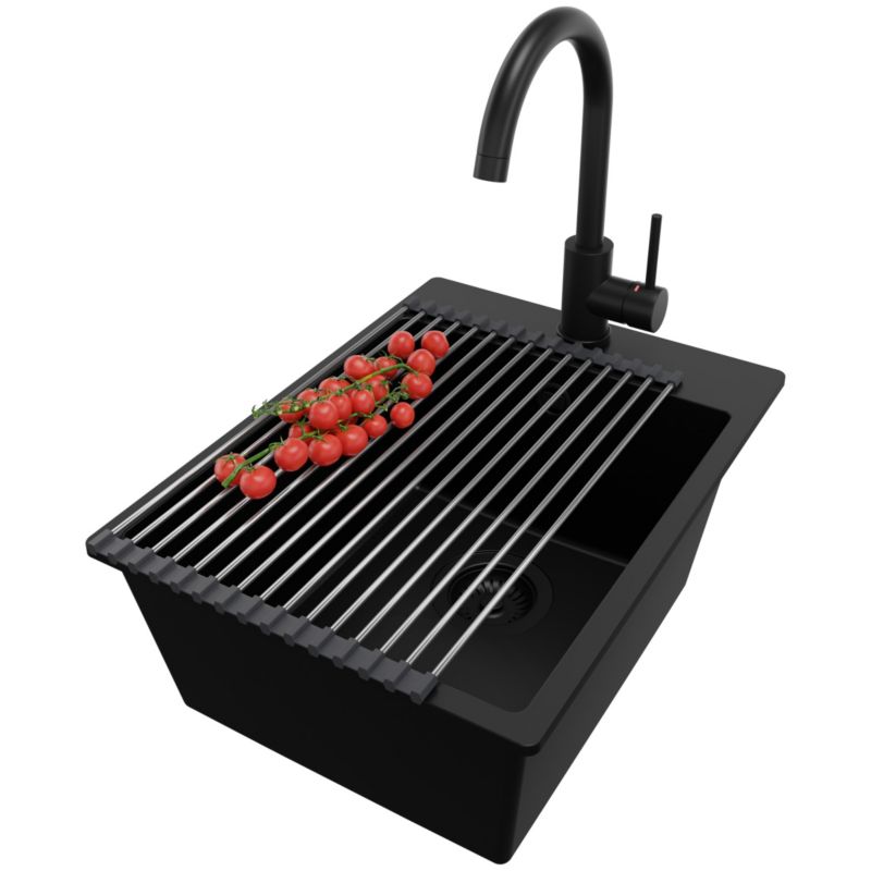 Zlewozmywak Granitowy Ryga PRIMAGRAN Nablatowy 38x50cm do szafki od 40cm z Syfonem i Baterią i Dodatkiem Cały Czarny 1 szt.