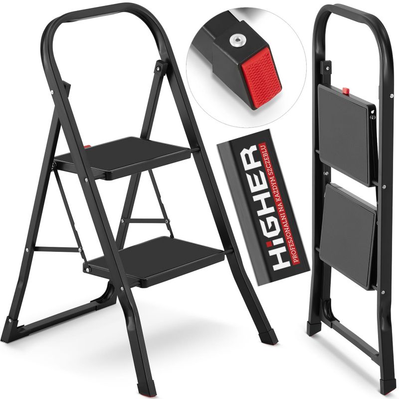 Drabina 2 stopniowa składana stalowa drabinka schodki 2 stopnie z matą HIGHER czarne 1 szt