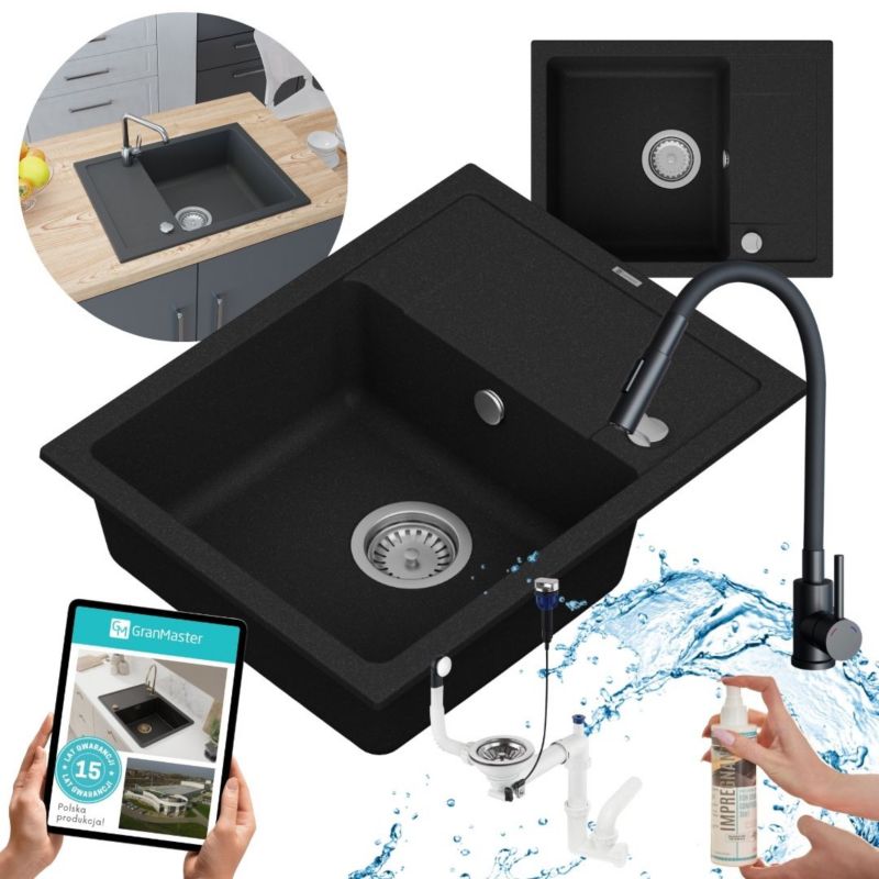 Zestaw zlewozmywak kuchenny GranMaster Smart 1-komorowy z ociekaczem, baterią, syfonem oraz impregnatem czarny metalik 1szt.