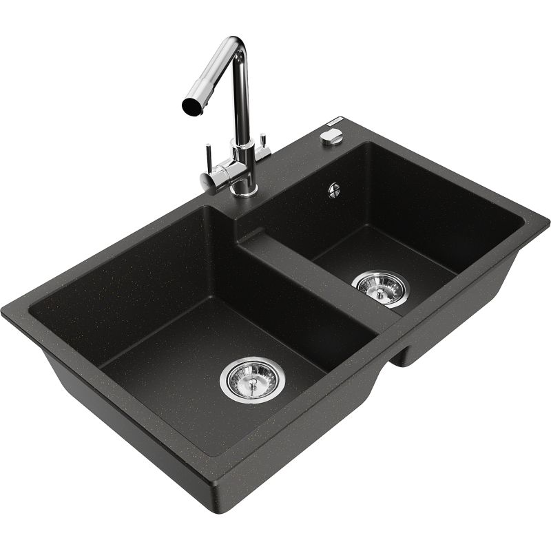 Zlewozmywak granitowy 2-komorowy Mexen Tomas z baterią kuchenną Duero czarny/złoty metalik 6516-75-671600-00
