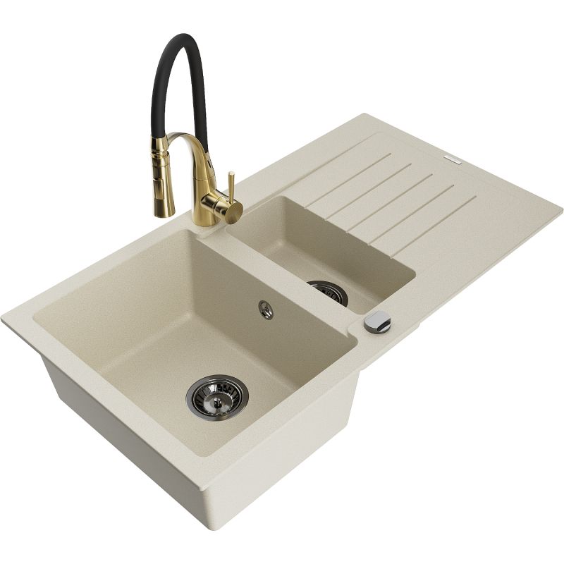 Zlewozmywak granitowy 1.5-komorowy Mexen Matias z ociekaczem i baterią kuchenną Aster beżowy 6502-69-73450-57-B