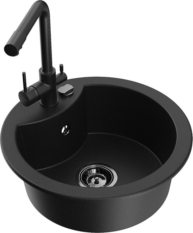 Zlewozmywak granitowy Mexen Diego 1-komorowy z baterią kuchenną Duero czarny 6512-77-671600-70-B