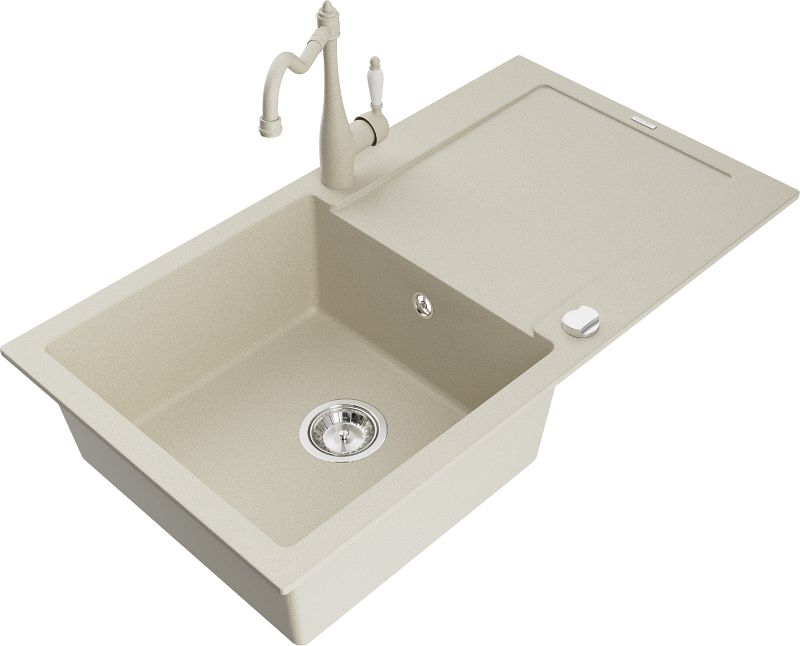 Zlewozmywak granitowy Mexen Leo 1-komorowy z ociekaczem i baterią kuchenną Carla beżowy - 6501-69-670700-50 1 szt.