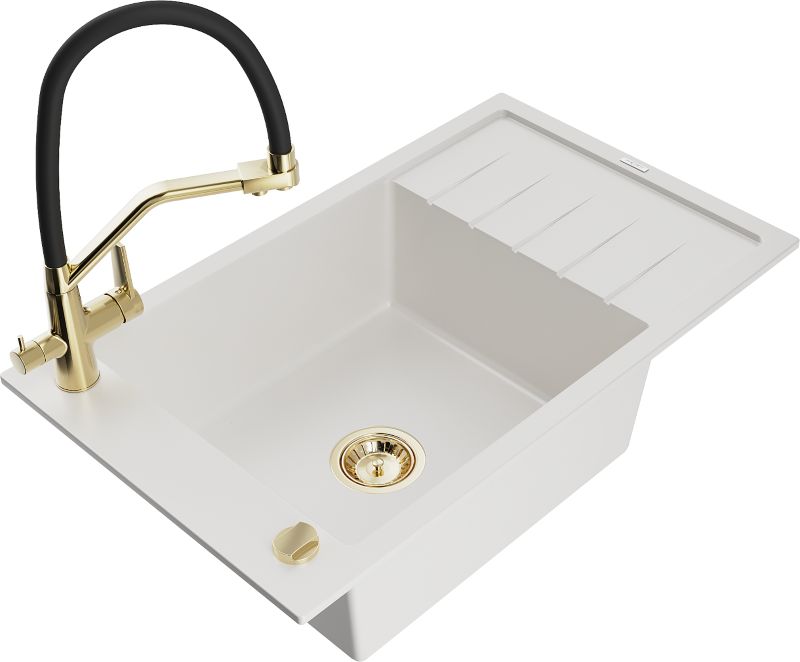 Zlewozmywak granitowy Mexen Elias 1-komorowy z ociekaczem i baterią kuchenną Duo biały 6511-20-671701-57-G