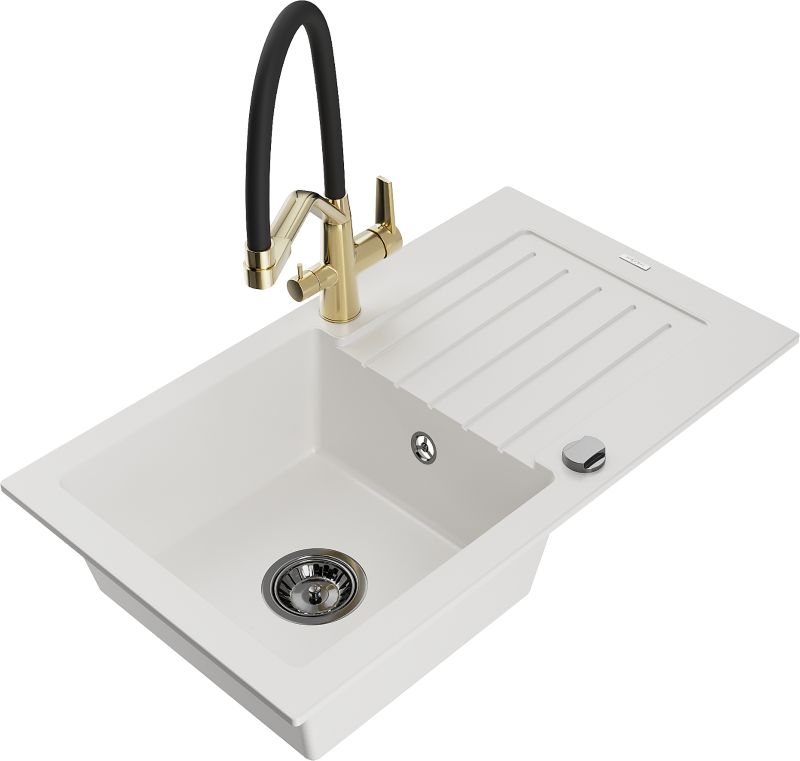 Zlewozmywak granitowy Mexen Pablo 1-komorowy z ociekaczem i baterią kuchenną Duo czarny - 6510-77-671701-57-B 1 szt.