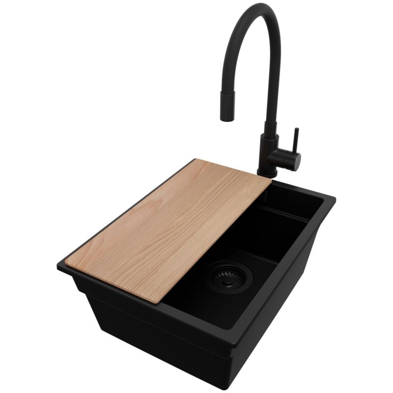 Zlewozmywak Granitowy Praga Slim PRIMAGRAN Nablatowy 36x47cm do szafki od 40cm z Syfonem i Baterią i Dodatkiem Cały Czarny 1 szt.