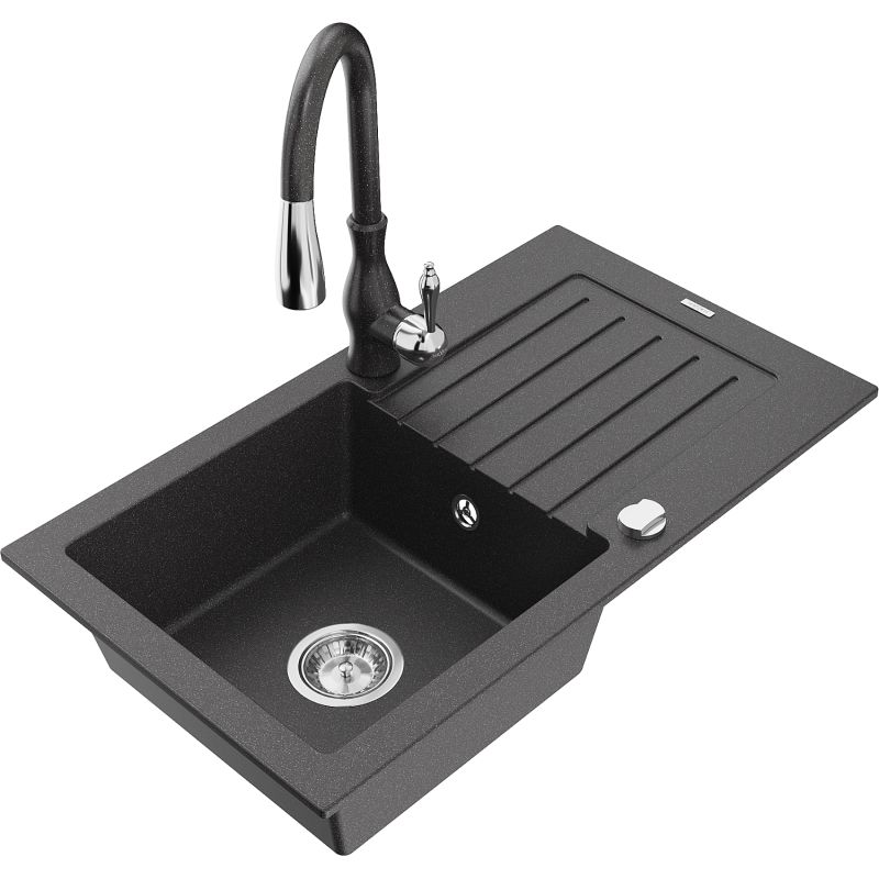 Zlewozmywak granitowy 1-komorowy Mexen Pablo z ociekaczem i baterią kuchenną Savita czarny/srebrny - 6510-73-672601-70-B 1 szt.