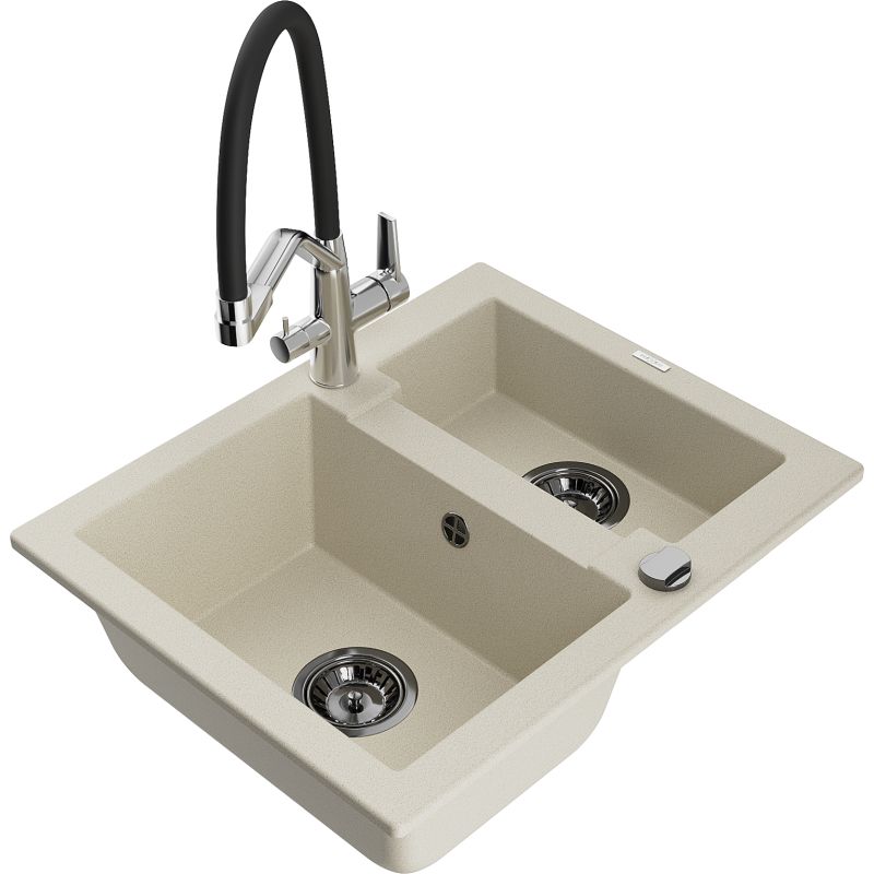 Zlewozmywak granitowy 1.5-komorowy Mexen Carlos z baterią kuchenną Duo beżowy 6518-69-671701-07-B