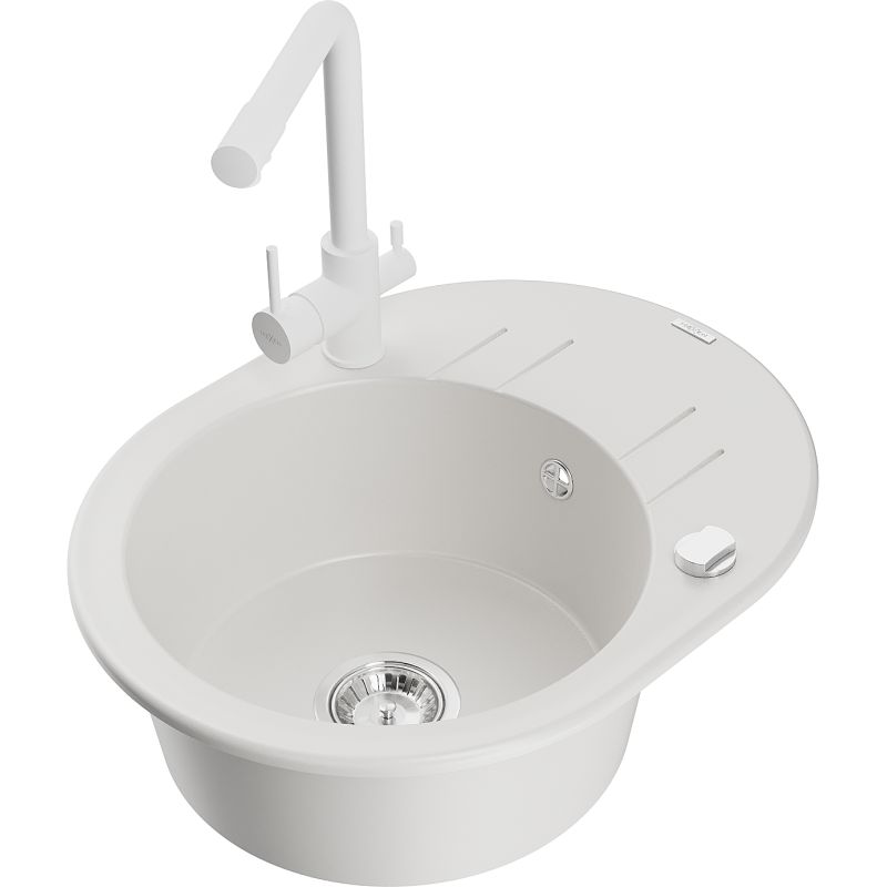 Zlewozmywak granitowy 1-komorowy Mexen Kevin z ociekaczem i baterią kuchenną Duero biały 6517-20-671600-20