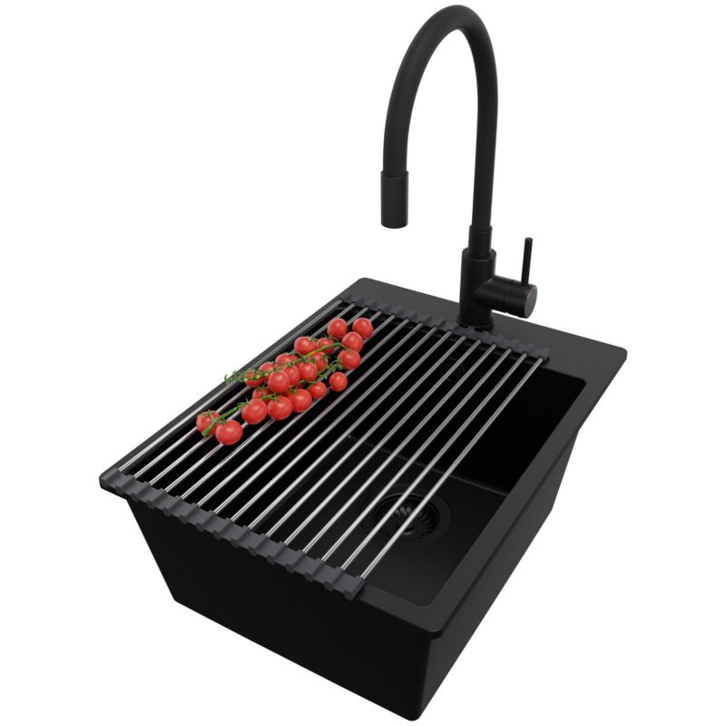 Zlewozmywak Granitowy Ryga PRIMAGRAN Nablatowy 38x50cm do szafki od 40cm z Syfonem i Baterią i Dodatkiem Cały Czarny 1 szt.