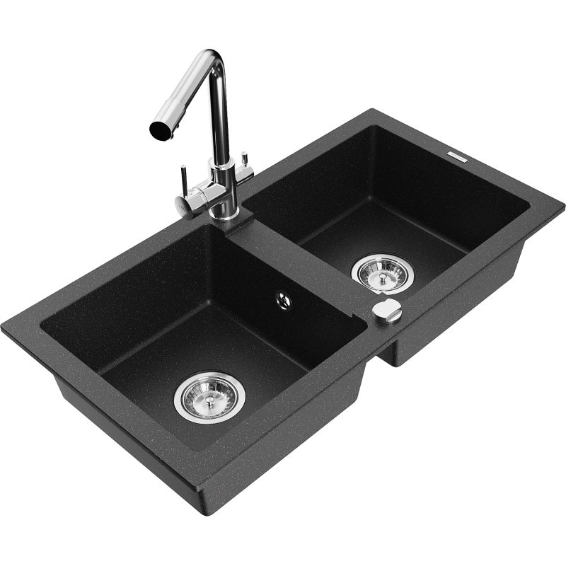 Zlewozmywak granitowy 2-komorowy Mexen Mario z baterią kuchenną Duero czarny/srebrny metalik 6504-73-671600-00
