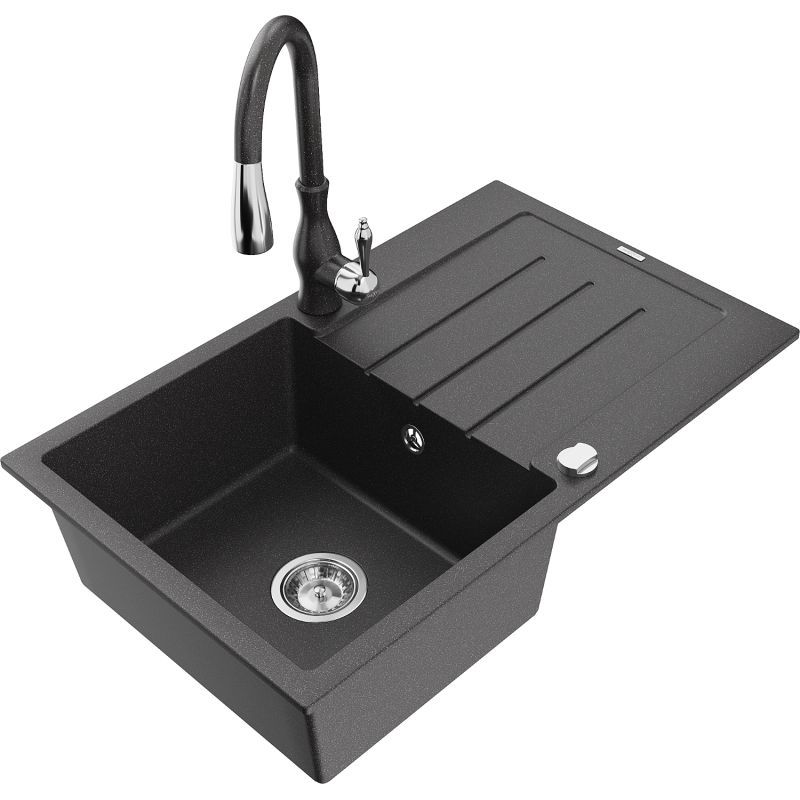 Zlewozmywak granitowy 1-komorowy Mexen Bruno z ociekaczem i baterią Savita czarny/złoty metalik - 6513-75-672601-00 1 szt.