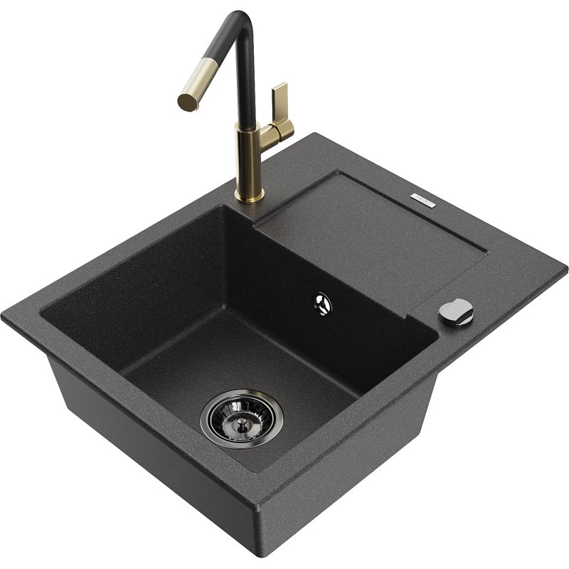 Zlewozmywak granitowy 1-komorowy Mexen Enzo z ociekaczem i baterią kuchenną Flora czarny nakrapiany 6506-76-670401-57-B